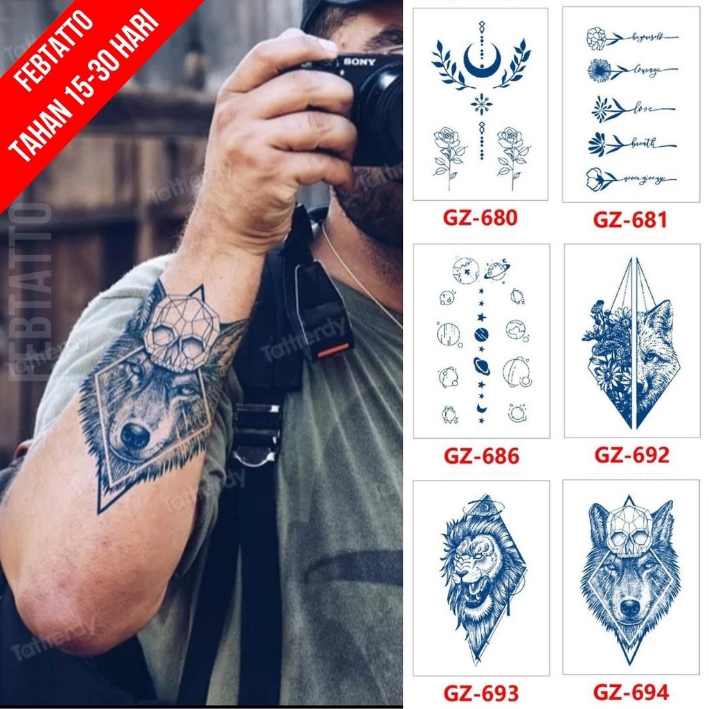 Tato Temporer Ukuran 18cm x 11cm Motif GZ 694 Tengkorak Srigala Tato Lengan Tato Dada Tato Tangan Ta