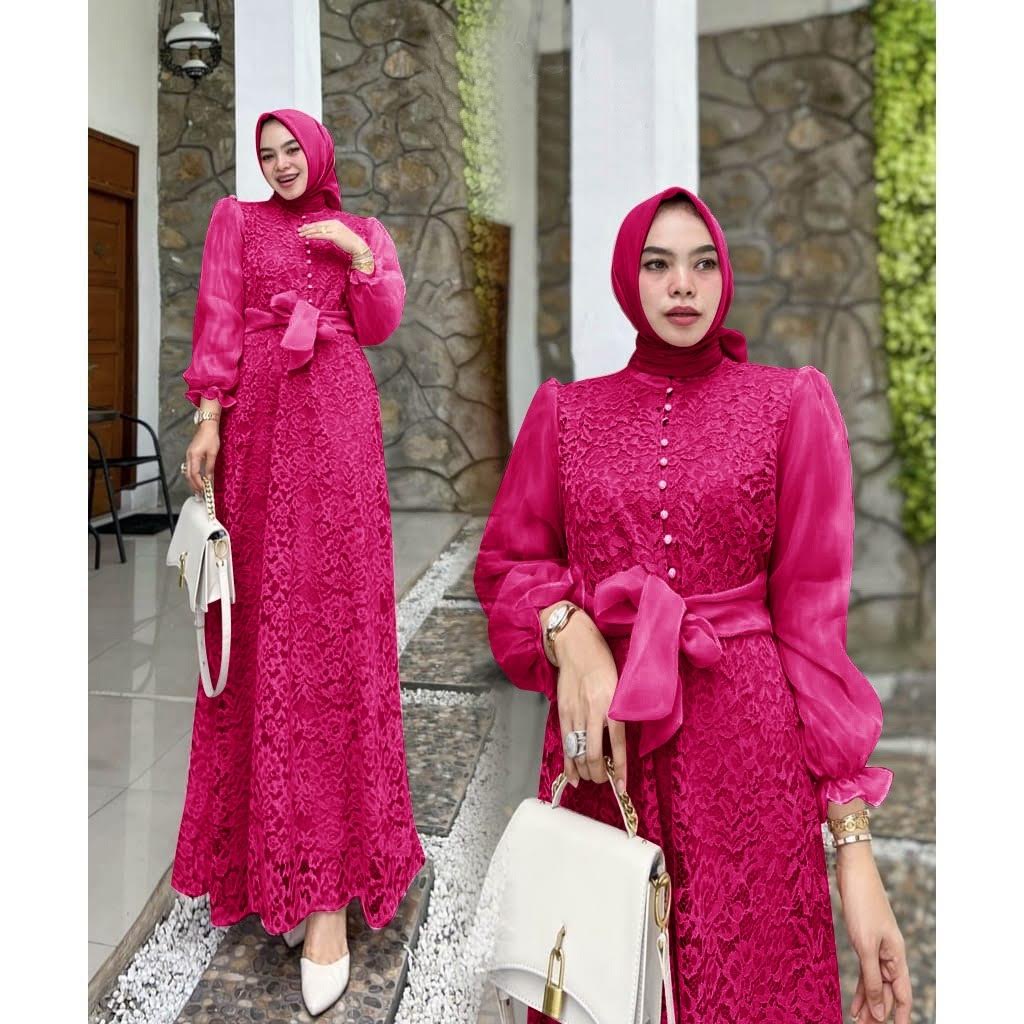 ELDE 12 - Maxy Dress Kalayla ( M - L - XL ) Maxi Gamis Bahan Brukat Corneli Premium Lapis Furing Depan Blkg Kombi Organza Import , Sleting Blkg Depan Kancing Variasi + Ada Tali Belt Organza