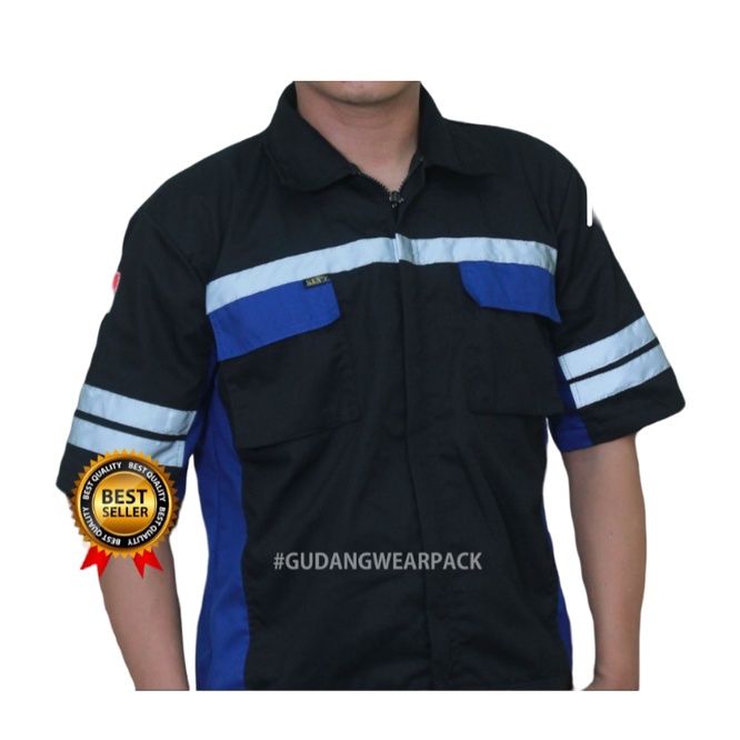 Gudang Wearpack - Baju Kerja Seragam Proyek Lengan Pendek Skotlet 2 Baris Warna Hitam Benhur