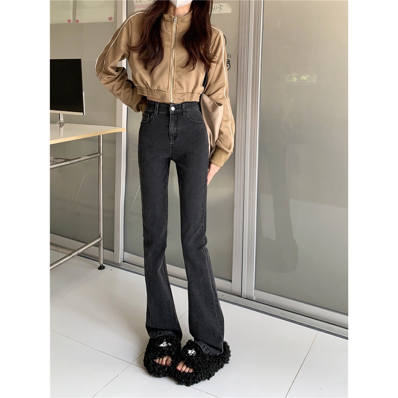 Kelabu hitam Cutbray Jeans / Highwaist Skinny Celana Jeans Wanita (realpict)