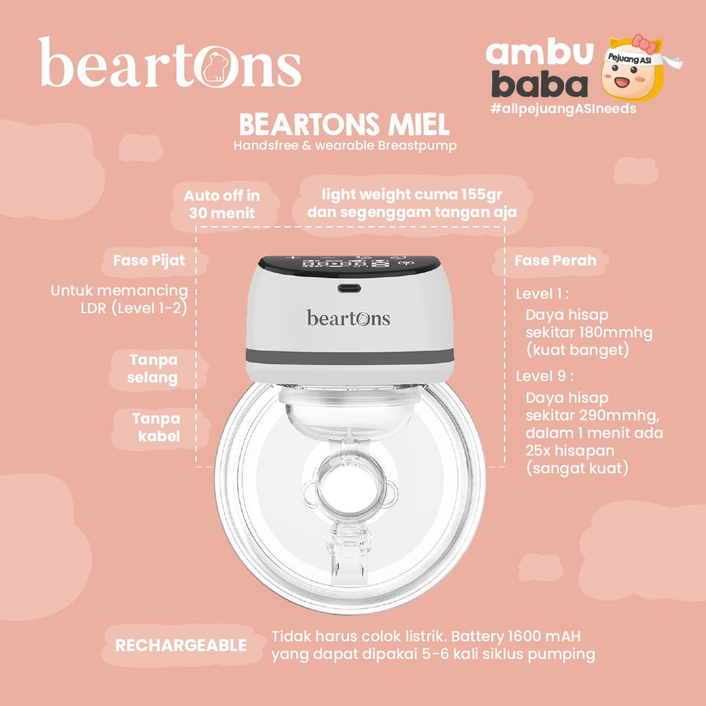 BEARTONS MIEL Pompa ASI Elektrik Handsfree Wearable Breast Pump by BEBETONS