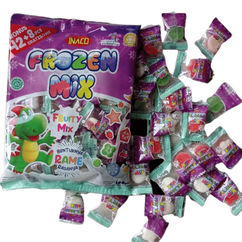 

INACO FROZEN MIX 120gr ISI 50 PCS FRUITY MIX REMBANG GULA LUNAK JELI YOGHURT ANEKA RASA CANDY PERMEN JELLY PERMEN CEMILAN ANAK MAKANAN RINGAN GROSIR MURAH