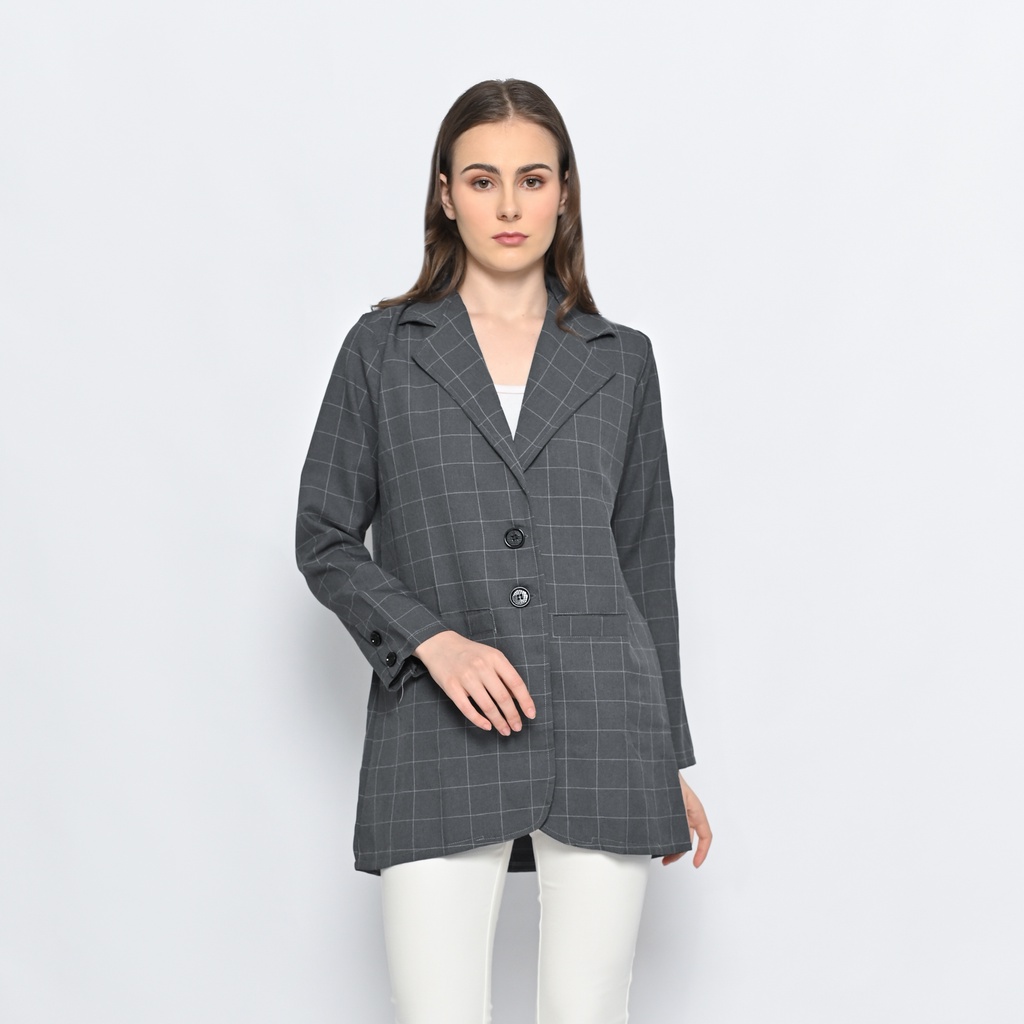 QUEENTIN Blazer Casual Wanita 0696 Katun Semi Wool Motif Kotak Windowpane Lengan Panjang