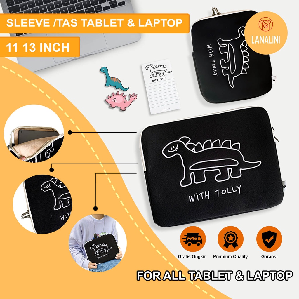 Sleeve Pouch Sarung Tas Bag Case Ipad Tab Tablet Macbook Air Pro Laptop Asus Acer Lenovo HP Huawei 11 12 13 14 15 inch Motif Gambar Dinosaurus Warna Hitam Lucu Cute Murah Korean Model