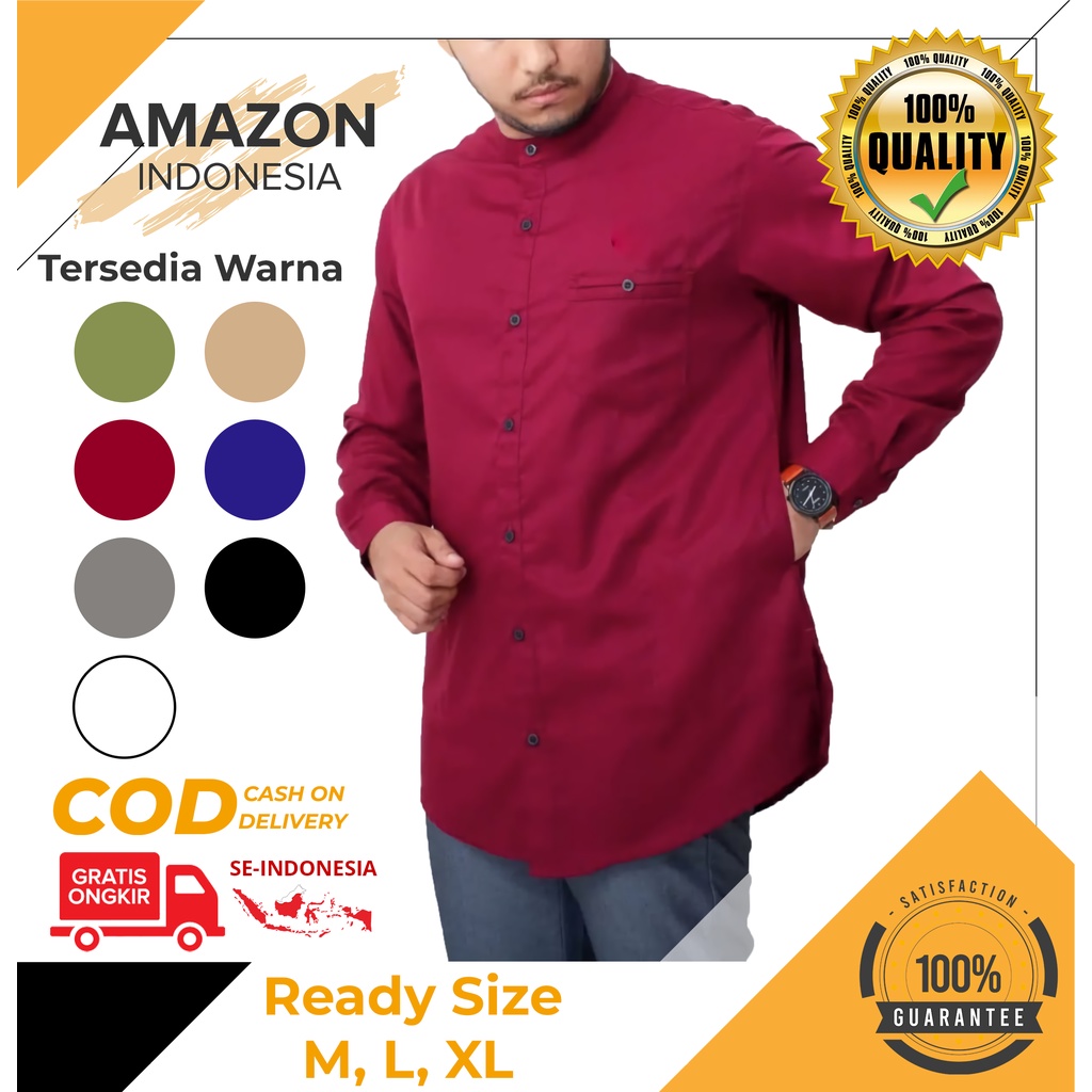 Baju Koko Kurta Dewasa Lengan Panjang Warna Maroon Material Toyobo Adem Serap Keringat