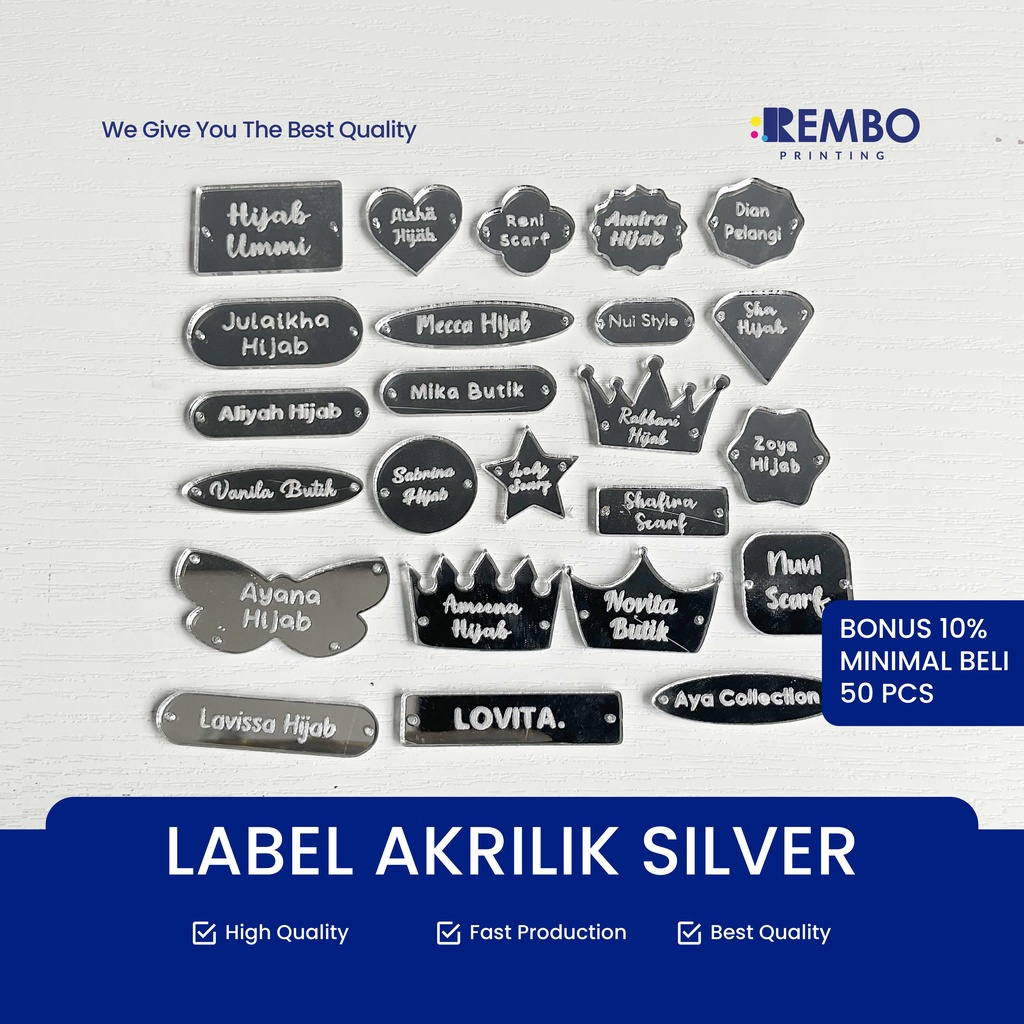 [Min.Rendah] Label Akrilik Silver Rebranding Hijab Warna Silver / Baju / Gamis / Label Baju Acrylic / Label Jilbab Silver