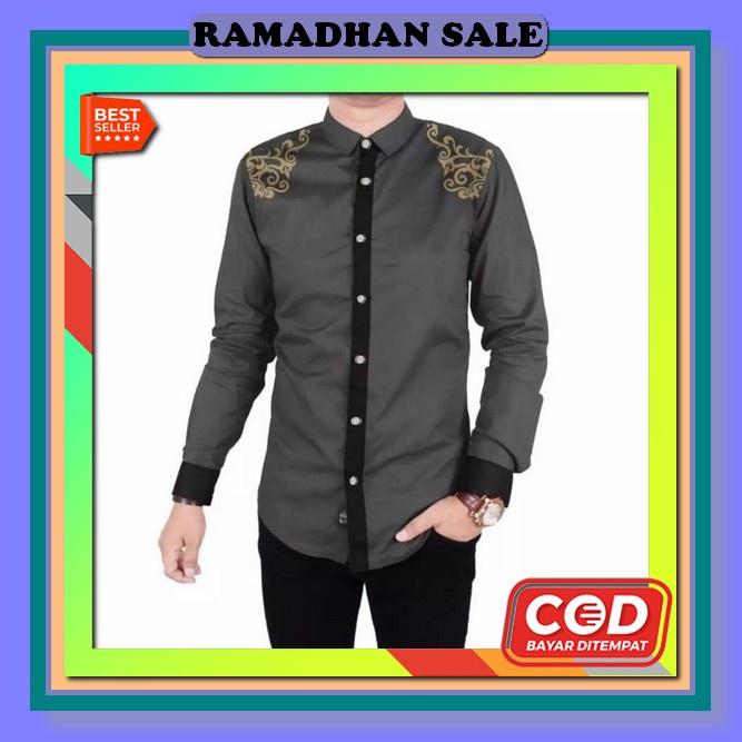 Baju Koko Pria Muslim Raja Tojiro Katun Toyobo Premium Lengan Panjang M  [Koko Irfan Grey Sc]Baju Ko