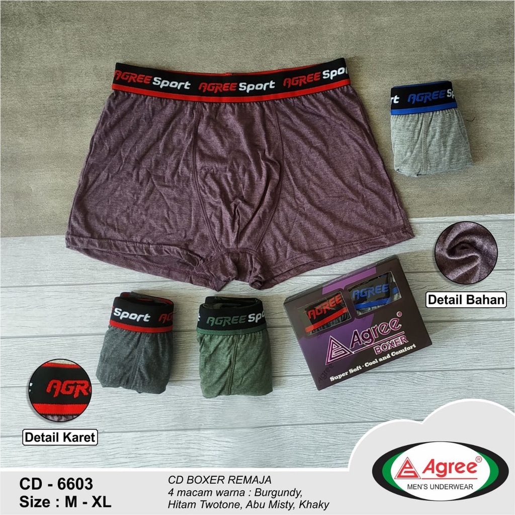 2 Pcs - Boxer Agree 6603 Pria Dewasa | Celana Boxer Sport Laki Laki | CD Pendek Katun Polos Halus Open Adem ABG Remaja