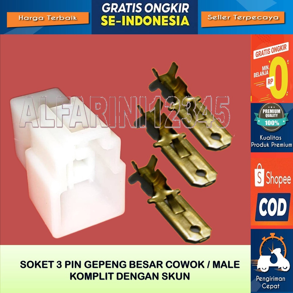 Soket Kabel 3 Pin Besar Cowo Male Komplit Dengan Skun Bahan Nylon Tahan Panas Buat Motor Mobil Unive
