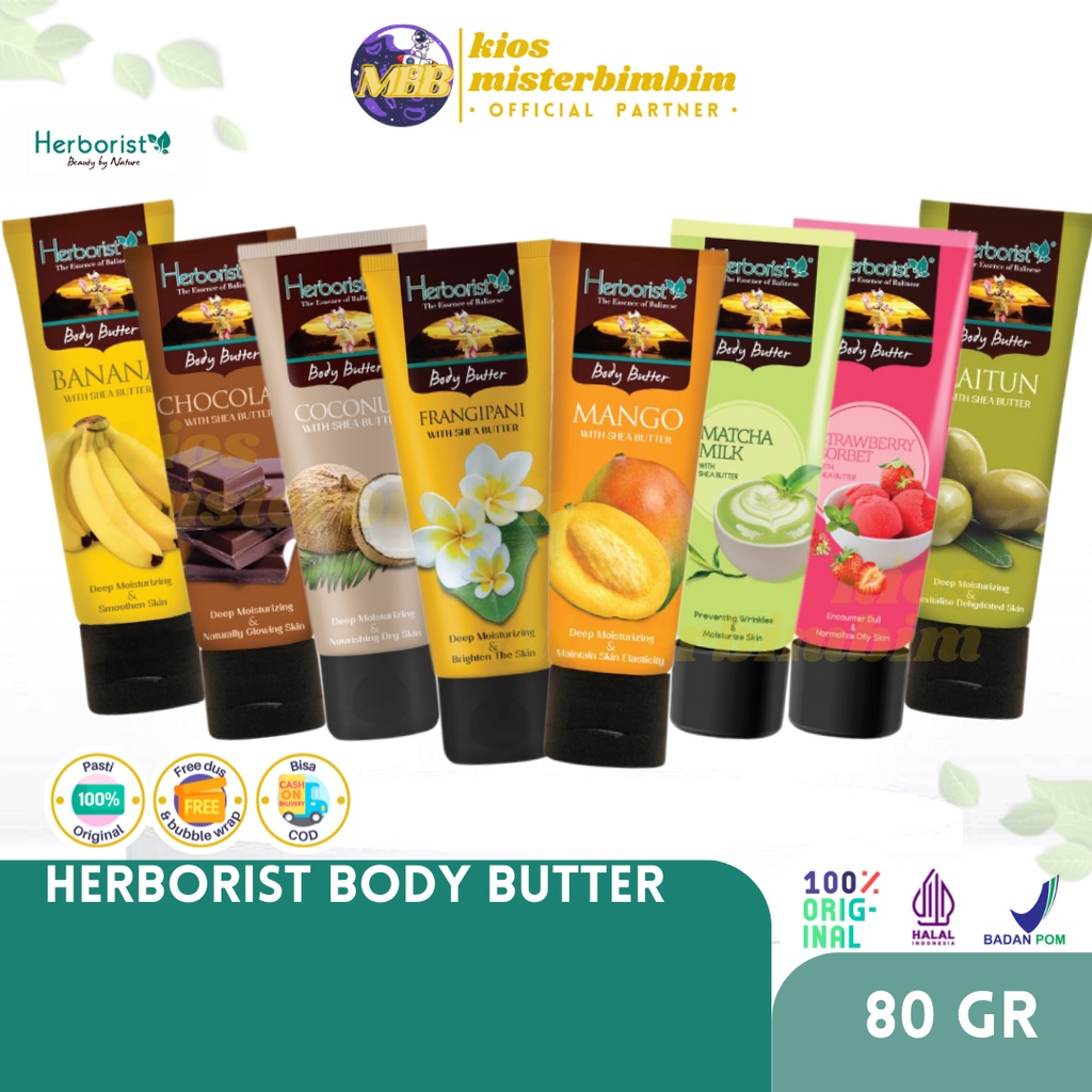 Herborist Body Butter Lotion 80GR With Shea Butter / Perawatan Tubuh Melembabkan Mencerahkan Extra Moisturizing Brightening Whitening Sun Protection Banana Chocolate Coconut Frangipani Mango Matcha Strawberry Zaitun