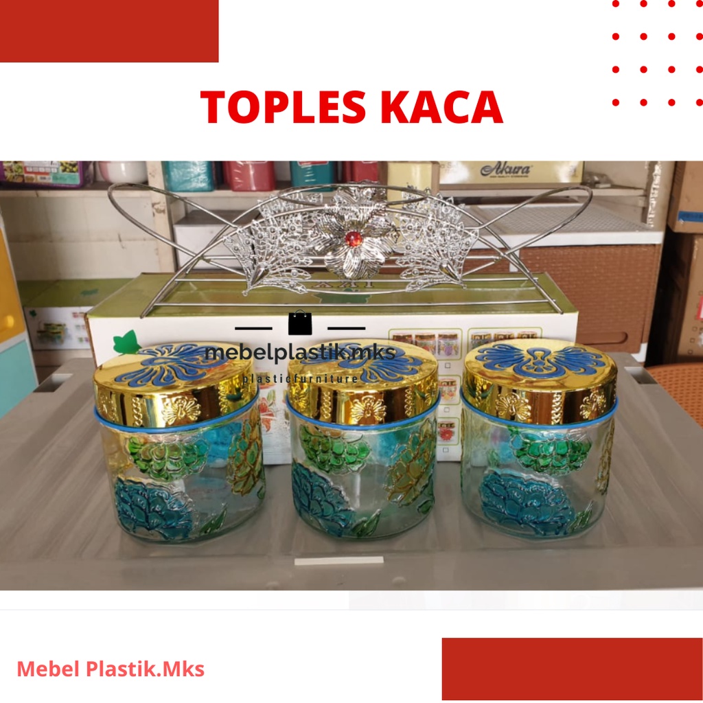 Toples Kaca/ Toples Kue Set 3/ Toples Motif Bunga Timbul
