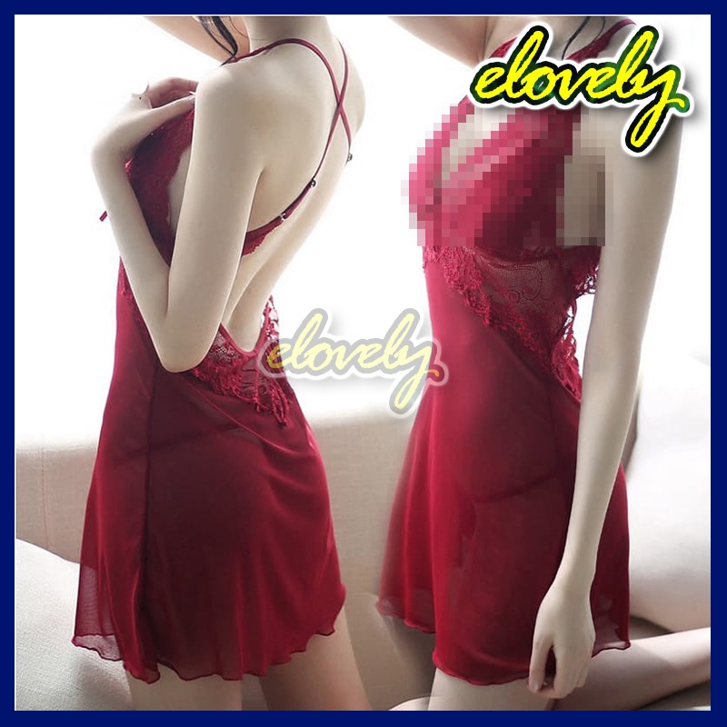 Elovely Lingerie Sexy Hot Pakaian Dalam Wanita Lingerie Set Aksen Renda Pakaian Dalam Wanita Babydoll Deep V-Neck Tanpa Lengan Sexy | L016-8
