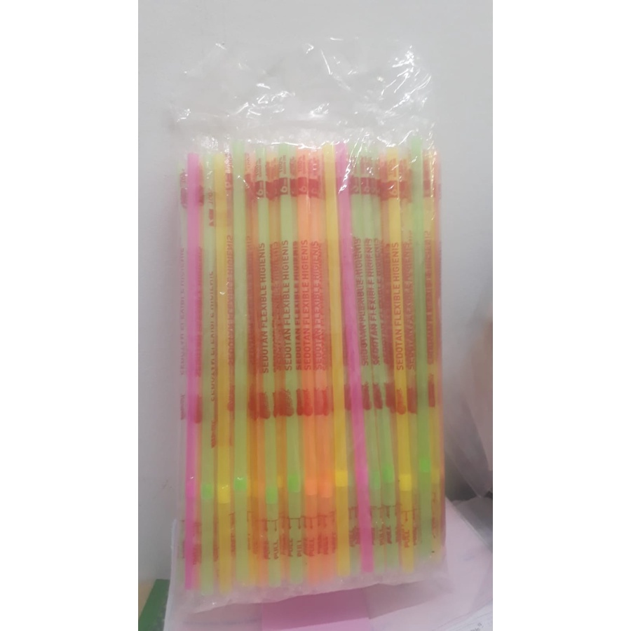 Sedotan Bengkok Steril Bungkus Plastik Warna Neon isi 100 pcs