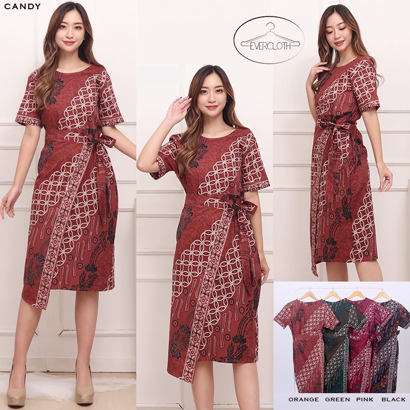 Evercloth Candy Dress Batik Wanita Dress Wanita Jumbo Batik Dress Pita Pinggang Gaun Batik Kerja Terusan