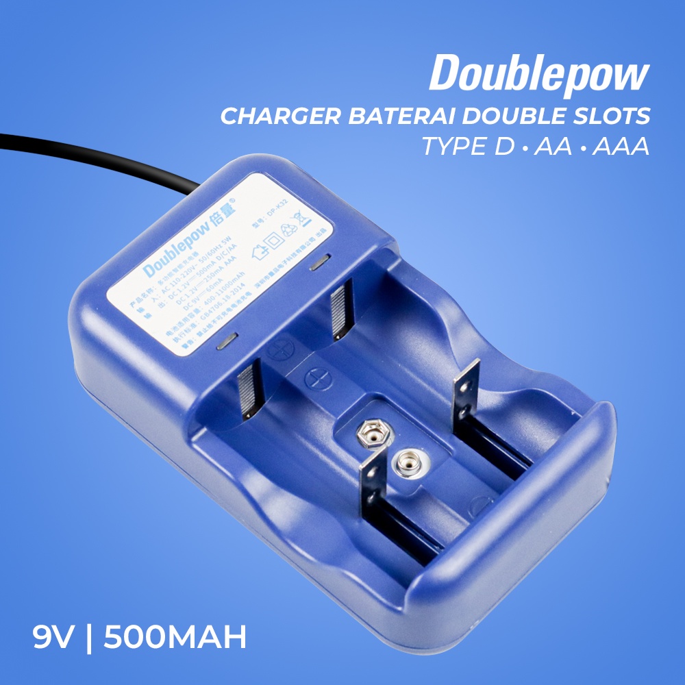 Doublepow Charger Baterai Double Slots Type D AA/AAA 9V 500mAh - K32 - Blue