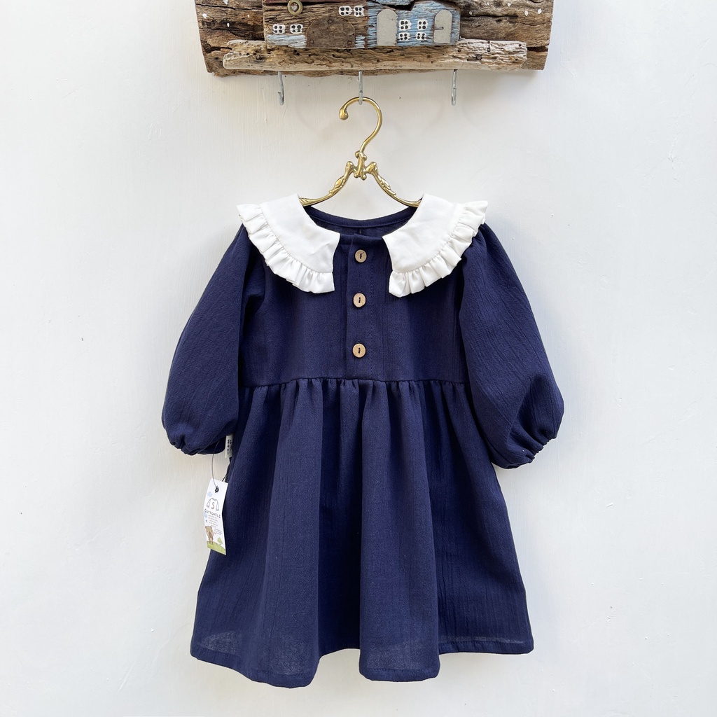 EMA - Dress Anak Kerah Korea Peterpan Collar Linen Lengan Panjang Krem Cream Hitam KADO ULANG TAHUN BAYI MURAH