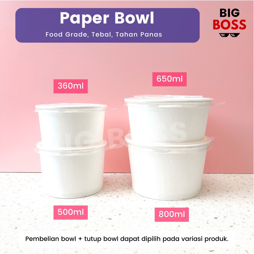 [ISI 25 PCS] Paper Bowl 360ml 500ml 650ml 800ml / Paper Bowl + Tutup / Mangkok Kertas Polos / Mangkok Kertas + Tutup / Paperbowl Polos