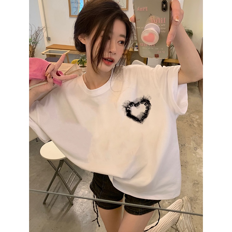 XIAOZHAINV Print T-shirt Kaos Lengan Pendek Retro Love Ink Baju Wanita Oversize Korean Style A0909