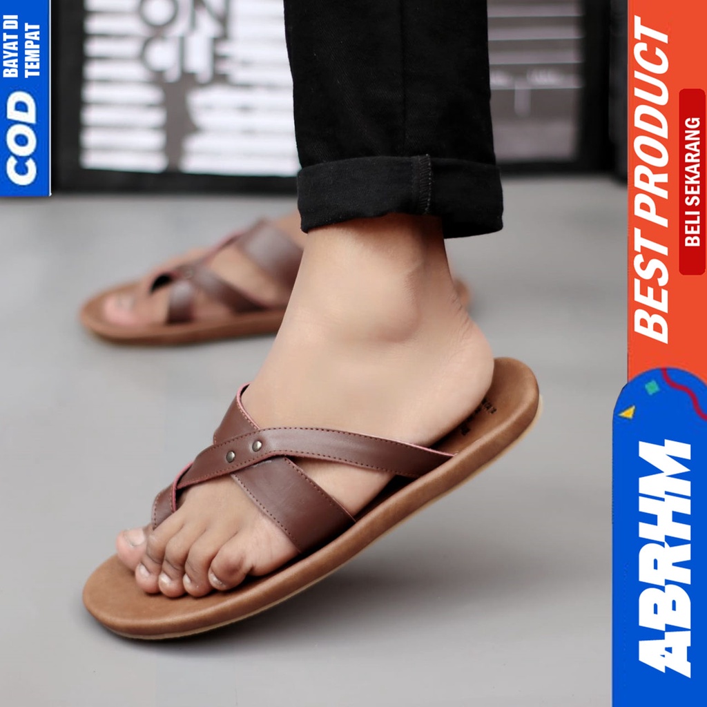 ABRHM X JAVIT Sandal Japit Pria Sandal Pria Kulit Asli Sendal Jepit Cowok / Cowo Ori Keren Kekinian