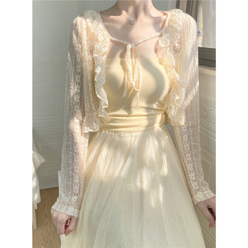 Red Aprikot renda dasi kardigan renda kerah tabir surya AC kemeja selendang bagian tipis sifon musim panas angin peri lembut V-neck