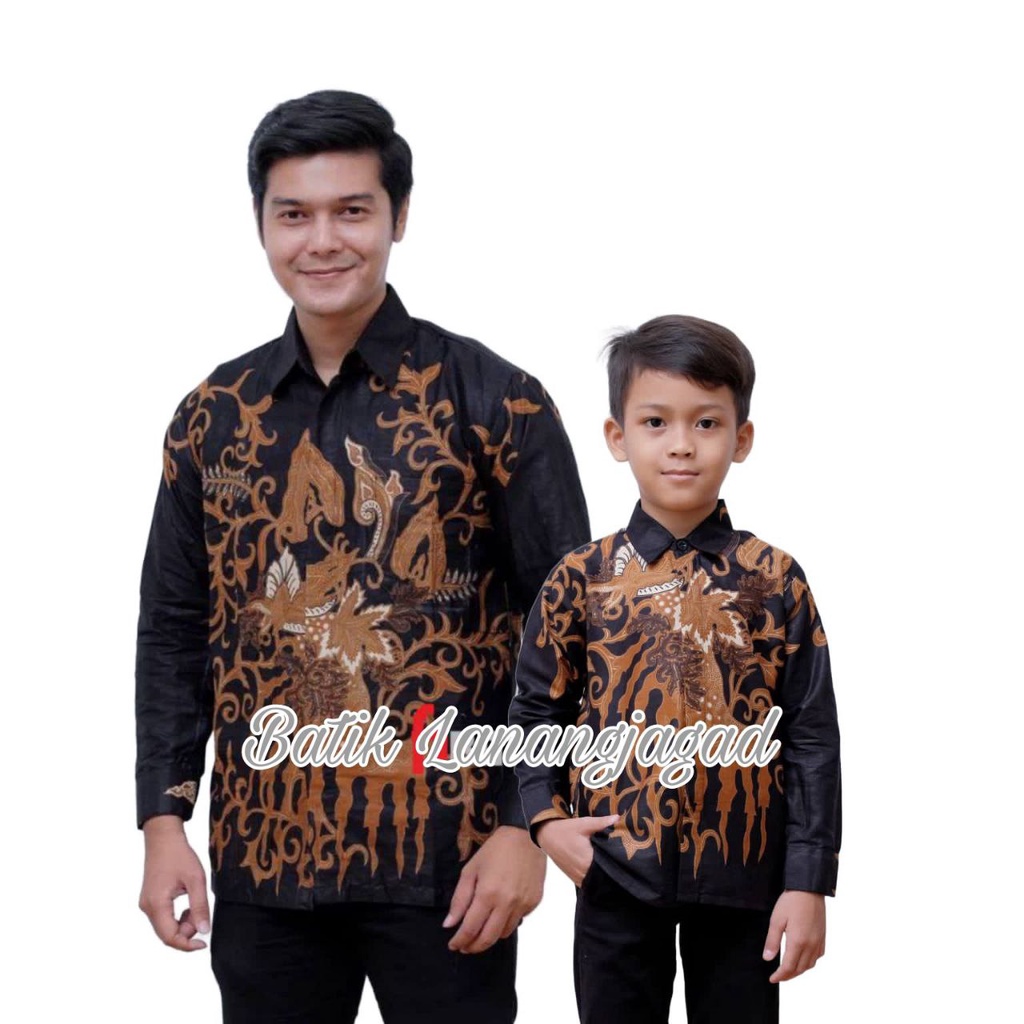 Batik Pria Couple Batik Ayah dan Anak Laki Laki Kemeja Batik Anak Cowok Warna Hitam Motif Godong Pare