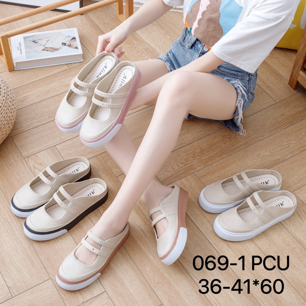 Sandal Mules Wanita Platform Ban 2 Tali Kotak Rubber Import Winola Collection WNL 069-1/069-2