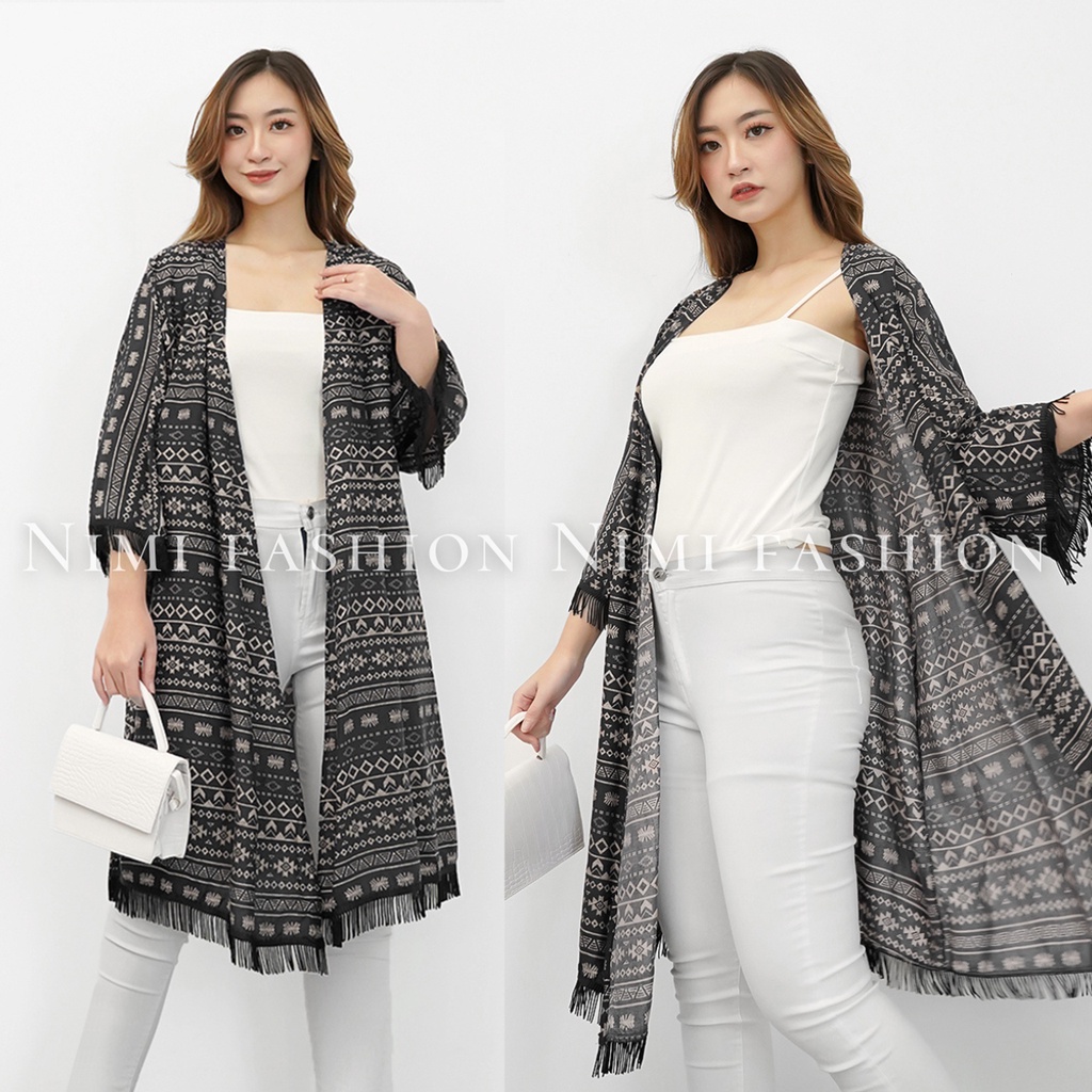 NIMI - Cardigan Panjang Fringe Long Cardigan Etnik Outers Bohemian Panjang