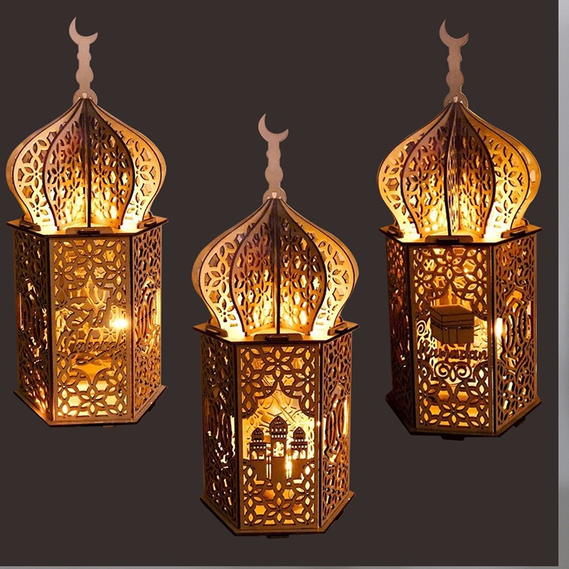 SS Lampu Lentera LED Bentuk Masjid Dekorasi Hiasan Ramadhan Lamp Lattern Bahan Kayu DIY Led