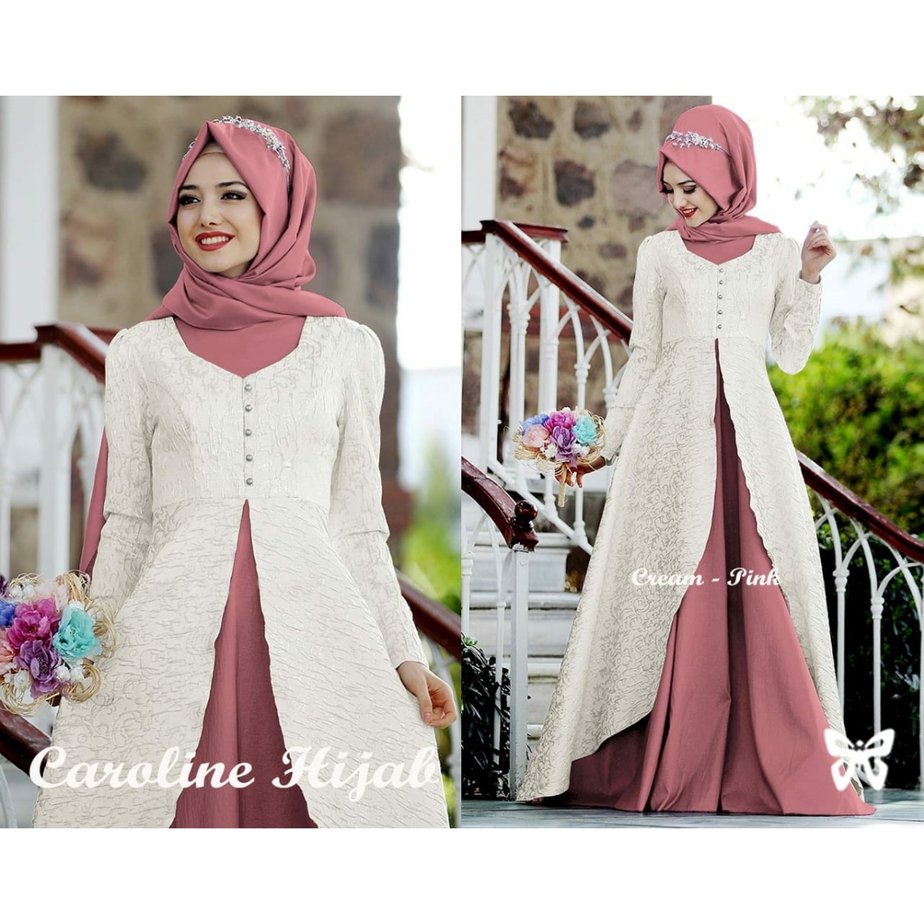 HOPYLOVY - Gamis Brukat Wanita Maxi Bolero Koshibo Embos Bunga + Pashmina Caroline