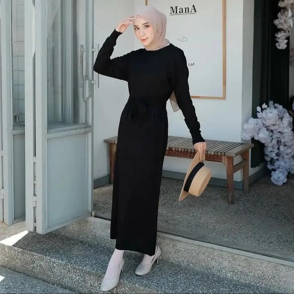 GAMIS WANITA TERBARU / TUNIC DRES TALI PINGGANG / AZELA DRES  RAJUT WANITA (FREE BELT)