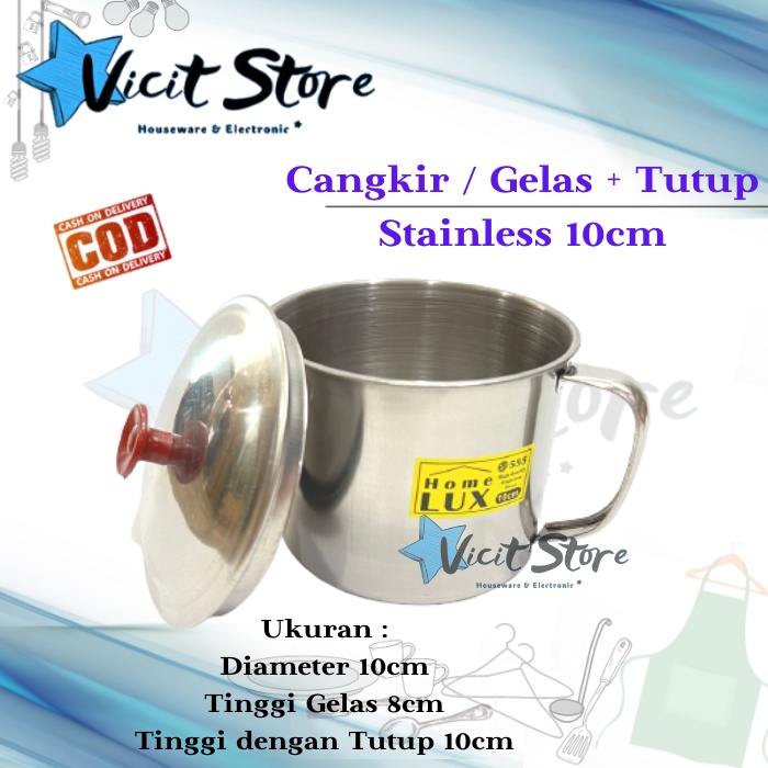 Cangkir / Gelas + Tutup / Mug Stainless + Tutup 10cm