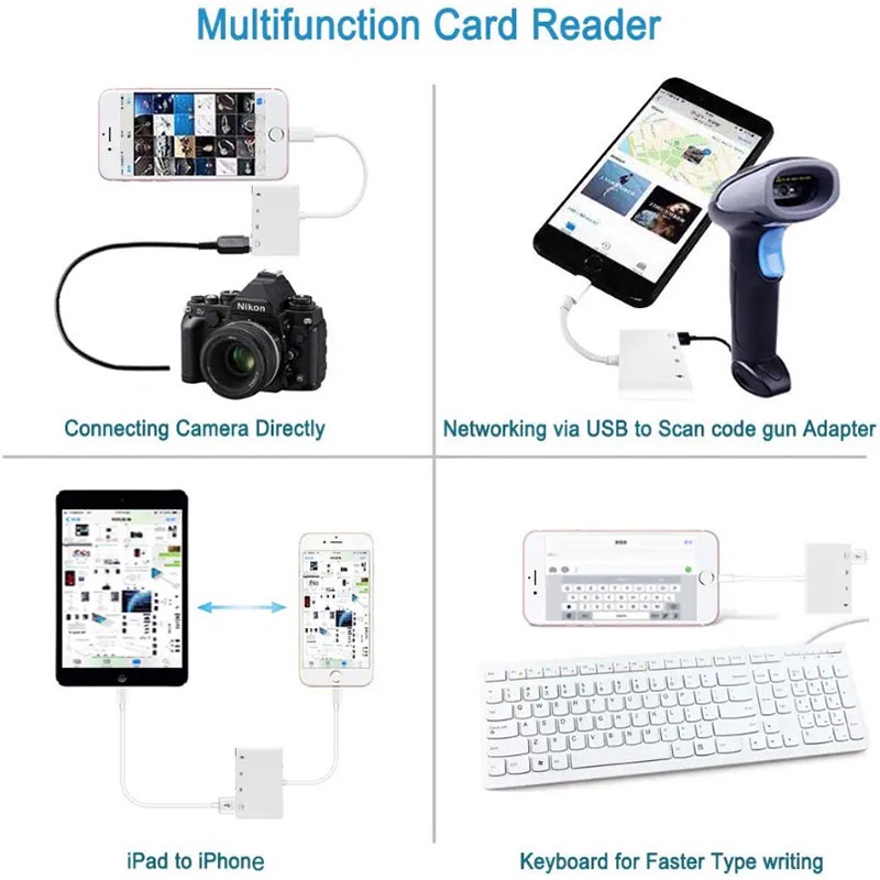 4 in 1 Lightning to USB3 Camera Adapter Otg Card Reader Hub USB 3.0 Flash Drive Support Keyboad/Mouse/u Disk/SD/TF/Photo Storage/Date Transfer Compatible Phone 14/13/12/11 Pro