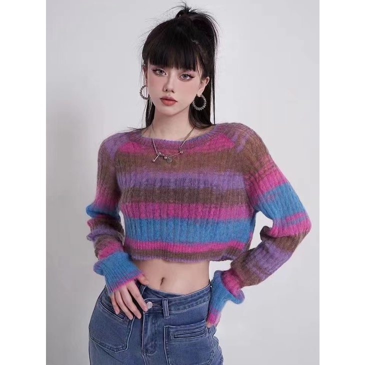 Red Malas Angin Pelangi Bergaris Sweater Wanita Musim Semi 2023 Baru Bahasa Perancis High-End Rasa Desain Niche Pullover Rajutan Top