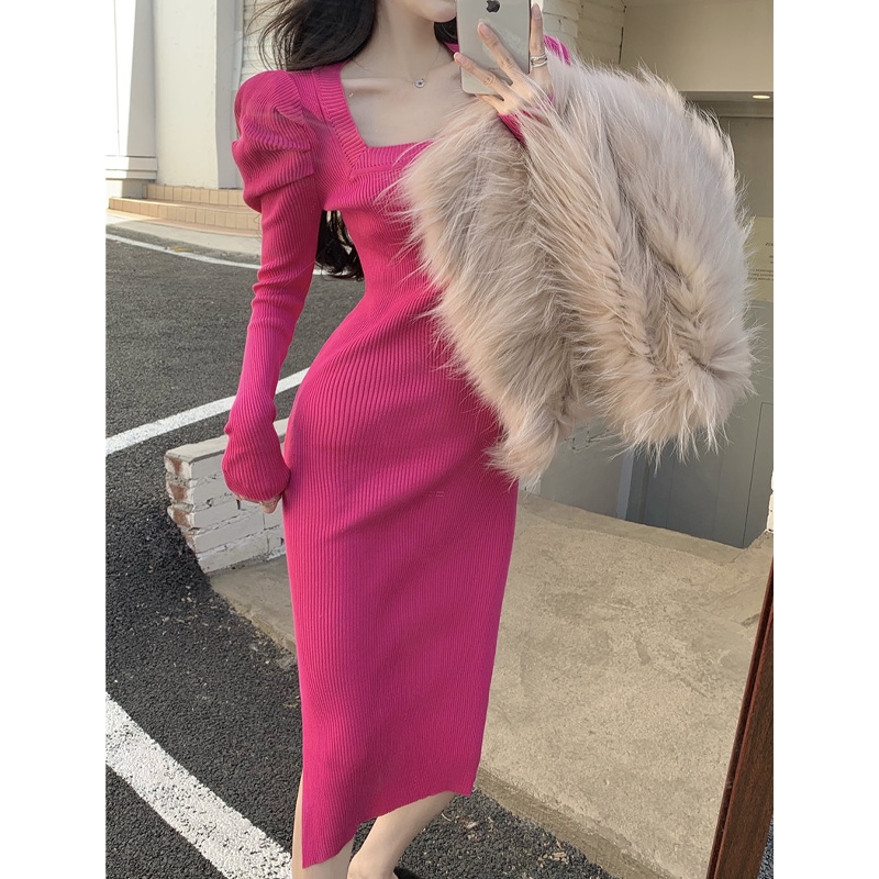 Red Puff lengan kerah persegi rajutan gaun wanita musim gugur pinggang lengan panjang bottoming rok Perancis gaya keinginan murni celah rok pasang