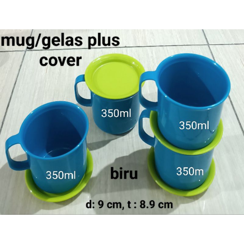 Bundo  TUPPERWARE GELAS BIRU  PLUS COVER 350ML 4PC /   Familia Mug (4pc)