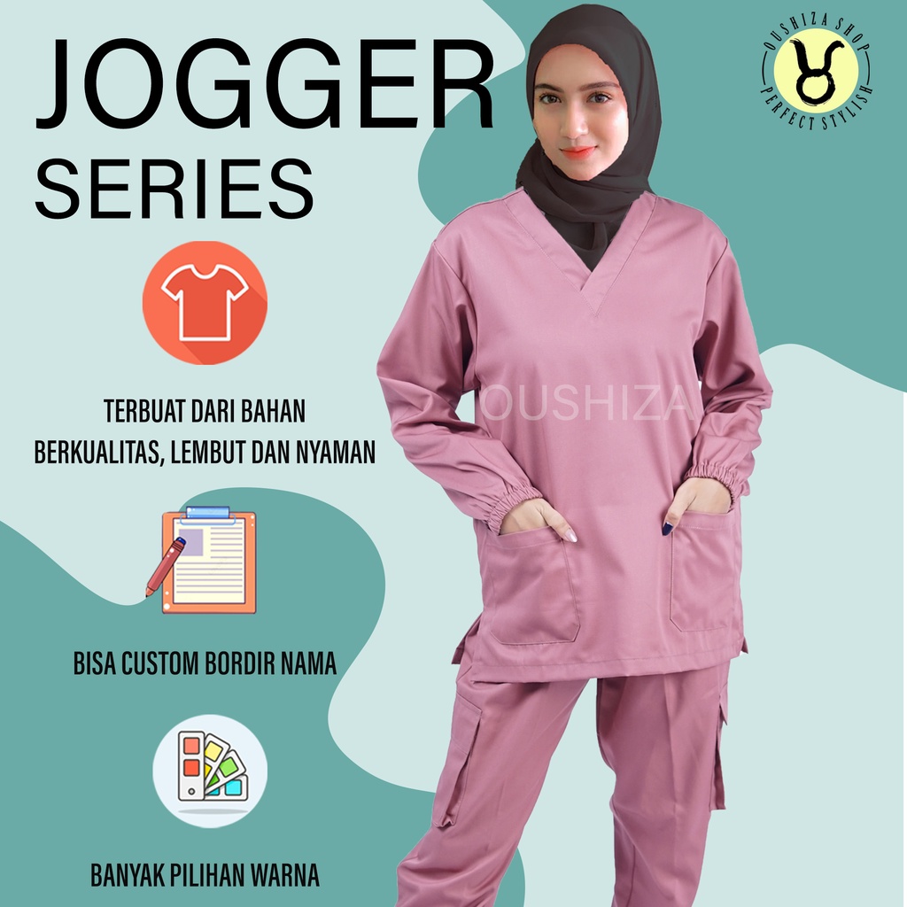 Baju Ok Oka JOGGER Cargo DRILL Jaga Dokter Scrub Medis Perawat Lengan Panjang Karet