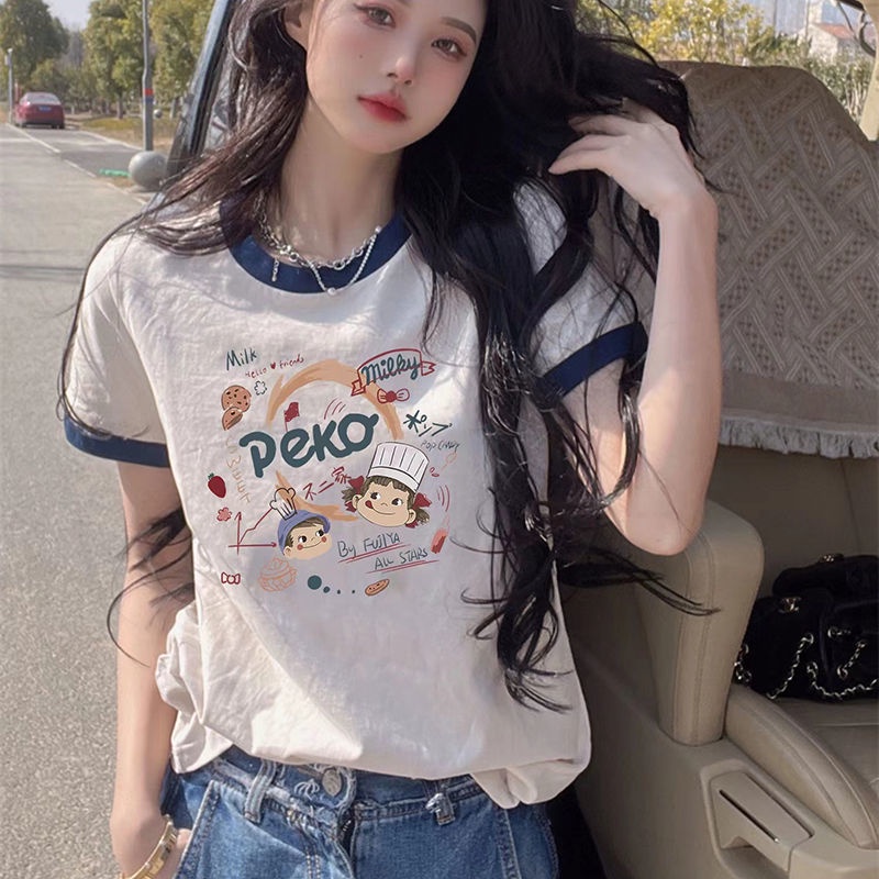 Red 2022 Musim Panas Baru Putih Lengan Pendek T-shirt Wanita Bahu Depan Katun Murni Longgar All-Match Warna Kontras Geometris setengah Lengan T-shirt Tide