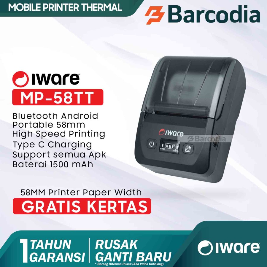 IWARE MOBILE PRINTER BLUETOOTH THERMAL STRUK KASIR/PPOB 58MM MP-58TT