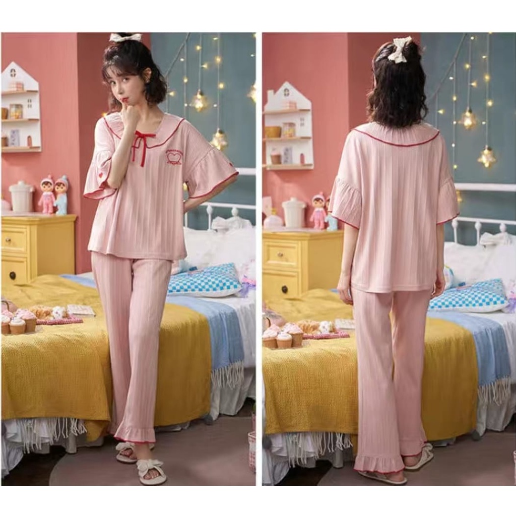 Baju tidur piyama bahan kaos salur import lengan pendek celana panjang