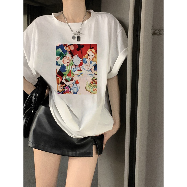 XIAOZHAINV Kaos Atasan Wanita Disney Fairy Tale Pattern Lengan Pendek A0247