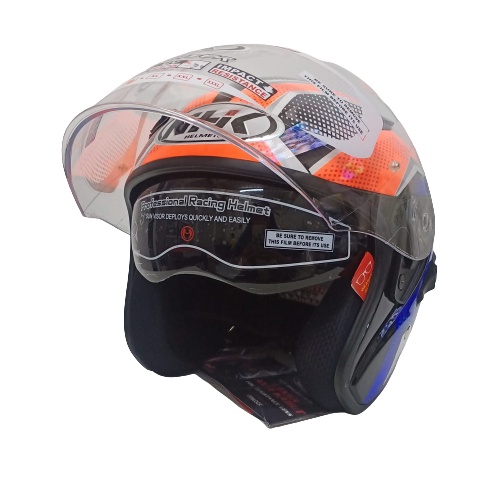 HELM NHK R1 SUBJECT BLACK OREN BLUE HALF FACE NHK R1 DOUBLE VISOR