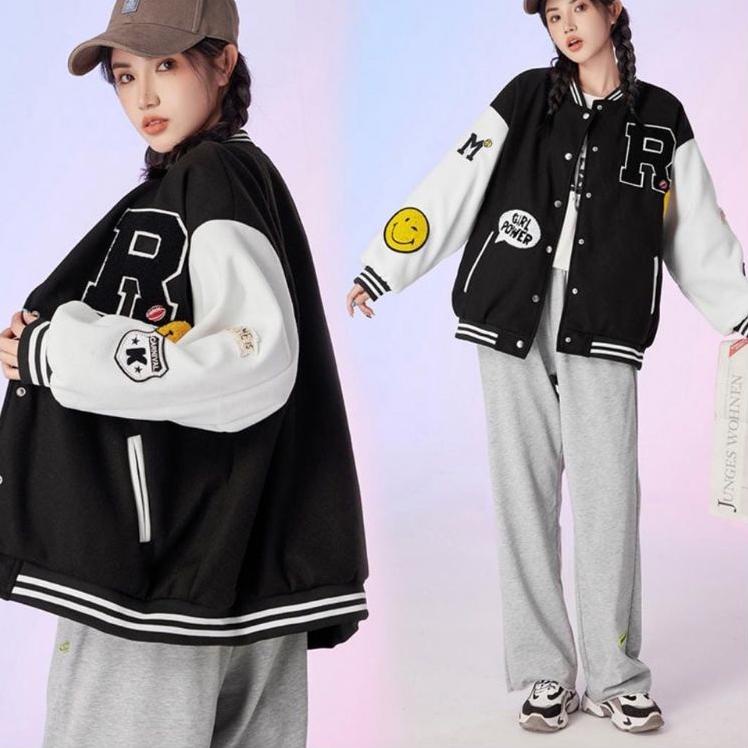 ➺ JAKET BASEBALL R SMILE SIZE M.L.XL | VARSITY JAKET BASEBALL WANITA OVERSIZE | JAKET WANITA BASEBAL