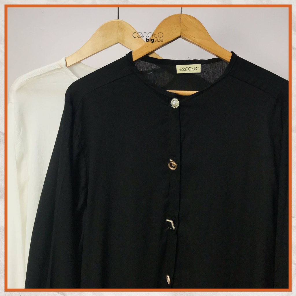 Ezpata Velza Tunik Kemeja Crinkle Polos Lengan Panjang Kancing Premium Jumbo Bigsize LD110-140cm Style Mewah Hitam Putih Terbaru