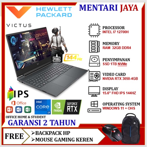 Laptop Gaming Baru Murah HP Victus 15 FA0008TX RTX 3050 i7 12700H 16GB 512GB Full HD IPs 144Hz Win11 OHS