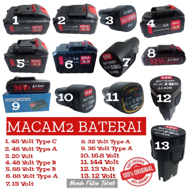 Baterai 12 v 13 v 15 v 20 v 25v 36 v 42 v 48 v bisa untuk merk UCHIHA JLD HYUGA Dan merk Lain dan CH