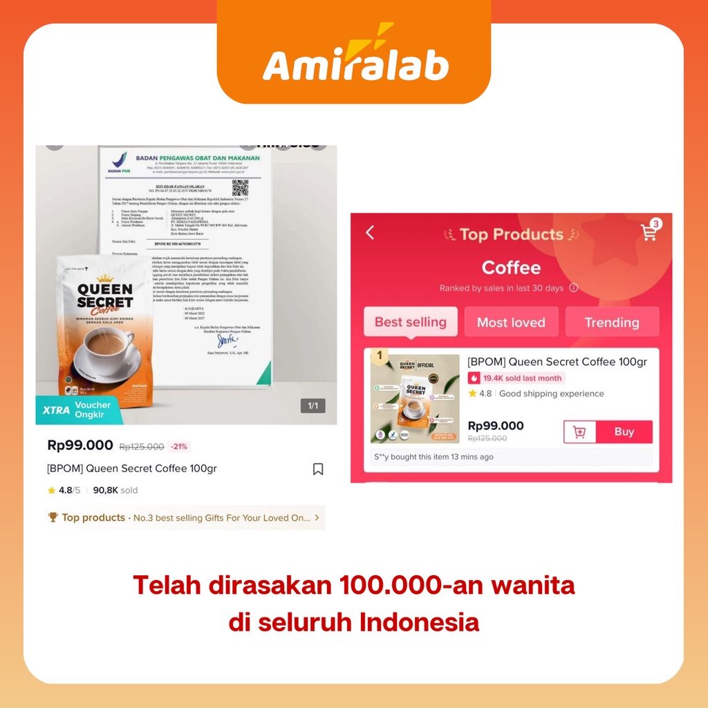 Amiralab Queen Secret Coffee Minuman Kopi Lancar Haidd Menstruasi Telat Terlambat Siklus Bulan Jamu Ramuan Alami Ampuh Manjur Aman Untuk Busui KB Kesehatan Wanita 100gr-1
