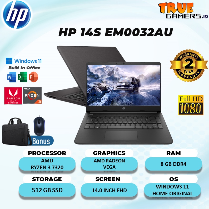 LAPTOP HP 14S EM0032AU RYZEN 3 7320 8GB 512SSD RADEON W11+OHS 14.0FHD 2YR BLK