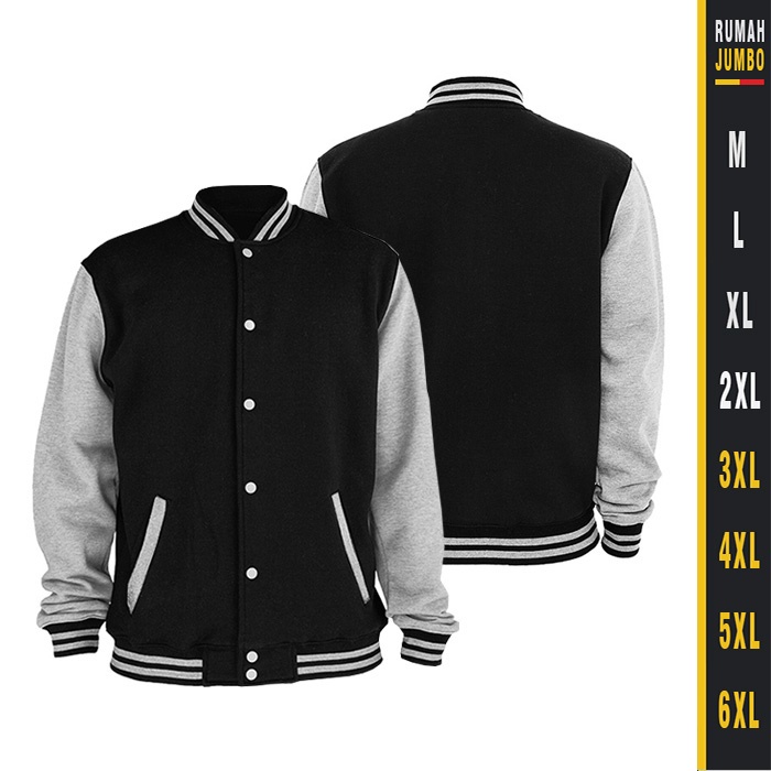 Jaket Bomber Varsity Hitam Grey Oversize  XXL - 6XL Sweater Baseball Pria Wanita Jumbo Big Size