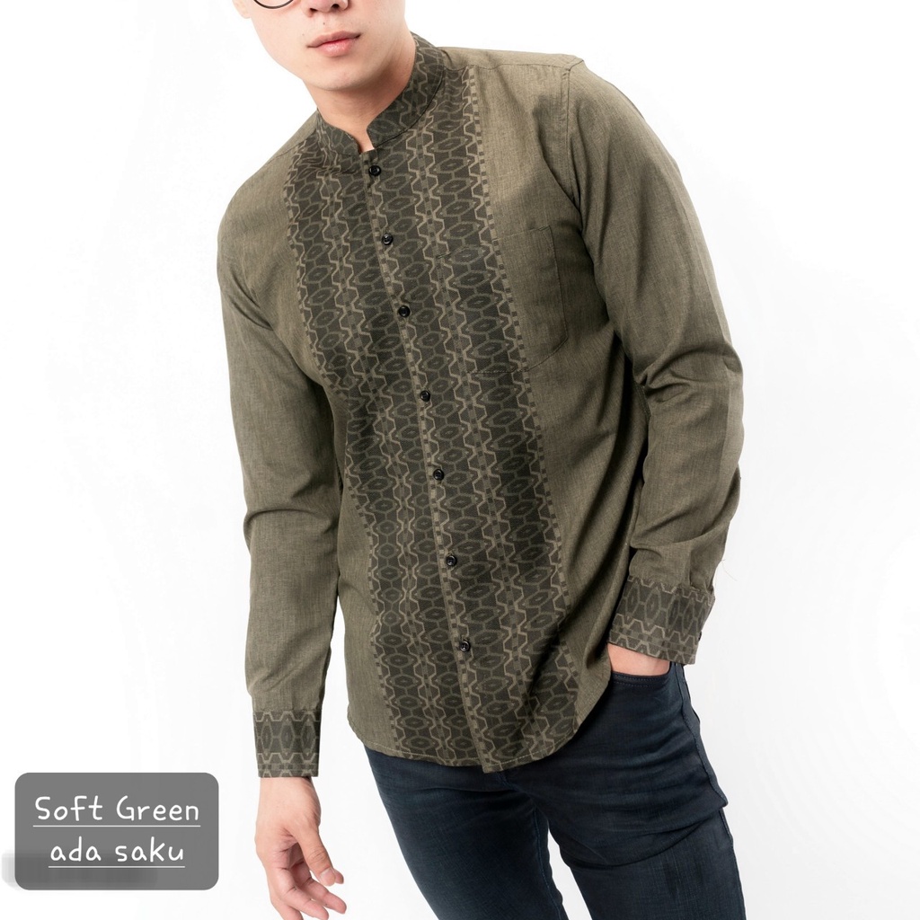 Timofey Kemeja Koko Atasan Muslim Baju Koko Pria Slim Fit Lengan Panjang Premium Soft Green