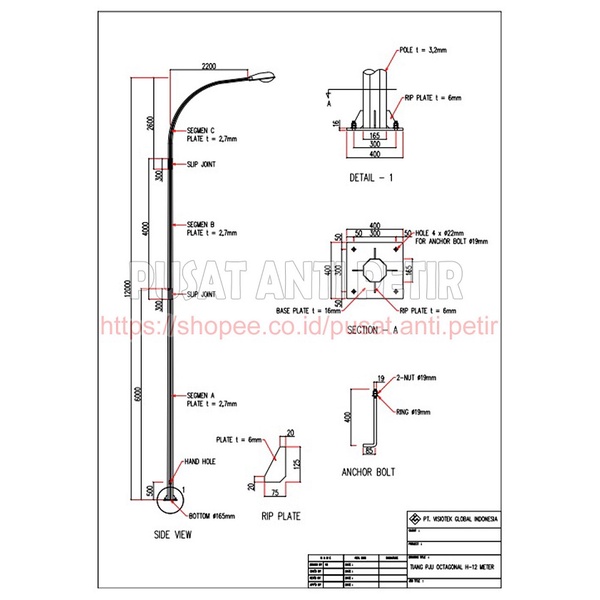 Tiang Lampu Jalan PJU Oktagonal 12 Meter Single Arm Hot Dip Galvanize